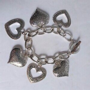 Silver Tone Dimensional Heart Charm Bracelet